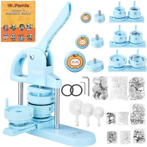 VEVOR knopenmachine 25/32/58 mm knopenmaakmachine blauw 300 stuks, met cirkelsnijder, sjabloonboekje en ergonomische handgreep voor het zelf maken van badges, speldjes, koelkastmagneten en sleutelhangers