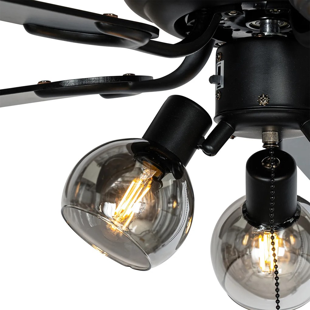 Plafondventilator met lamp zwart met hout print 107.5cm 3-lichts met trekschakelaar - Mistral Vidro Industriele / Industrie / Industrial E14 rond Binnenverlichting Lamp