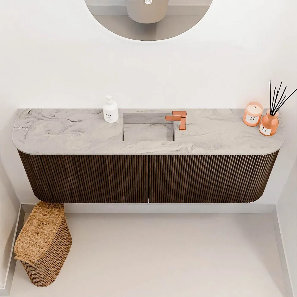 Mondiaz Joya DLux 115cm toiletmeubel ronding links/rechts walnut met wastafel faye midden 1 kraangat glace