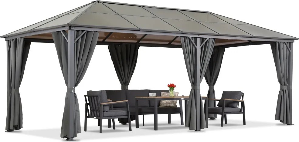 Milos tuinhuisje 3x6m met grijze gordijnen en muggengaas Tuinpunt