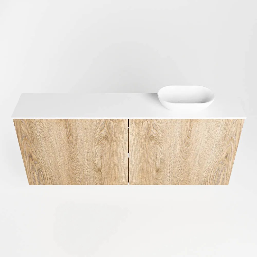 Mondiaz Fowy toiletmeubel 120cm washed oak met witte waskom rechts en kraangat