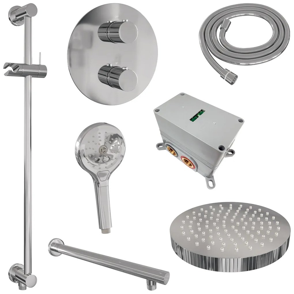 Brauer Stripe inbouw regendouche rond met 25cm hoofddouche, rond met rechte muurarm, glijstang en 3 standen handdouche set 46 chroom