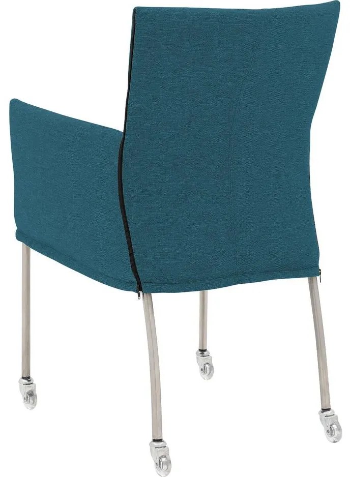 Goossens Eetkamerstoel Funk RVS Poten blauw stof met armleuning en met wielenTransparant skater wiel met rvs kap, modern design
