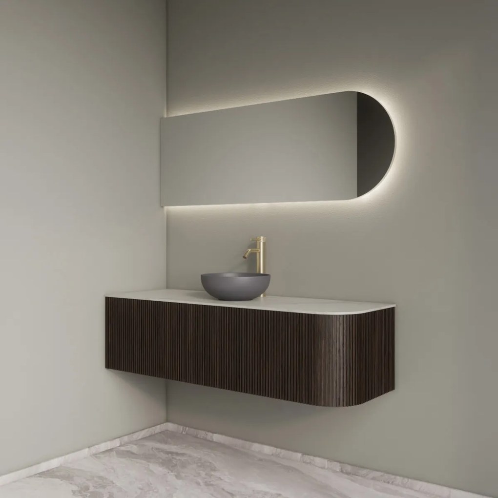 Gliss Design Alluro badmeubel ribbelfront met ronding rechts 140cm ebony en wit marmer toppaneel