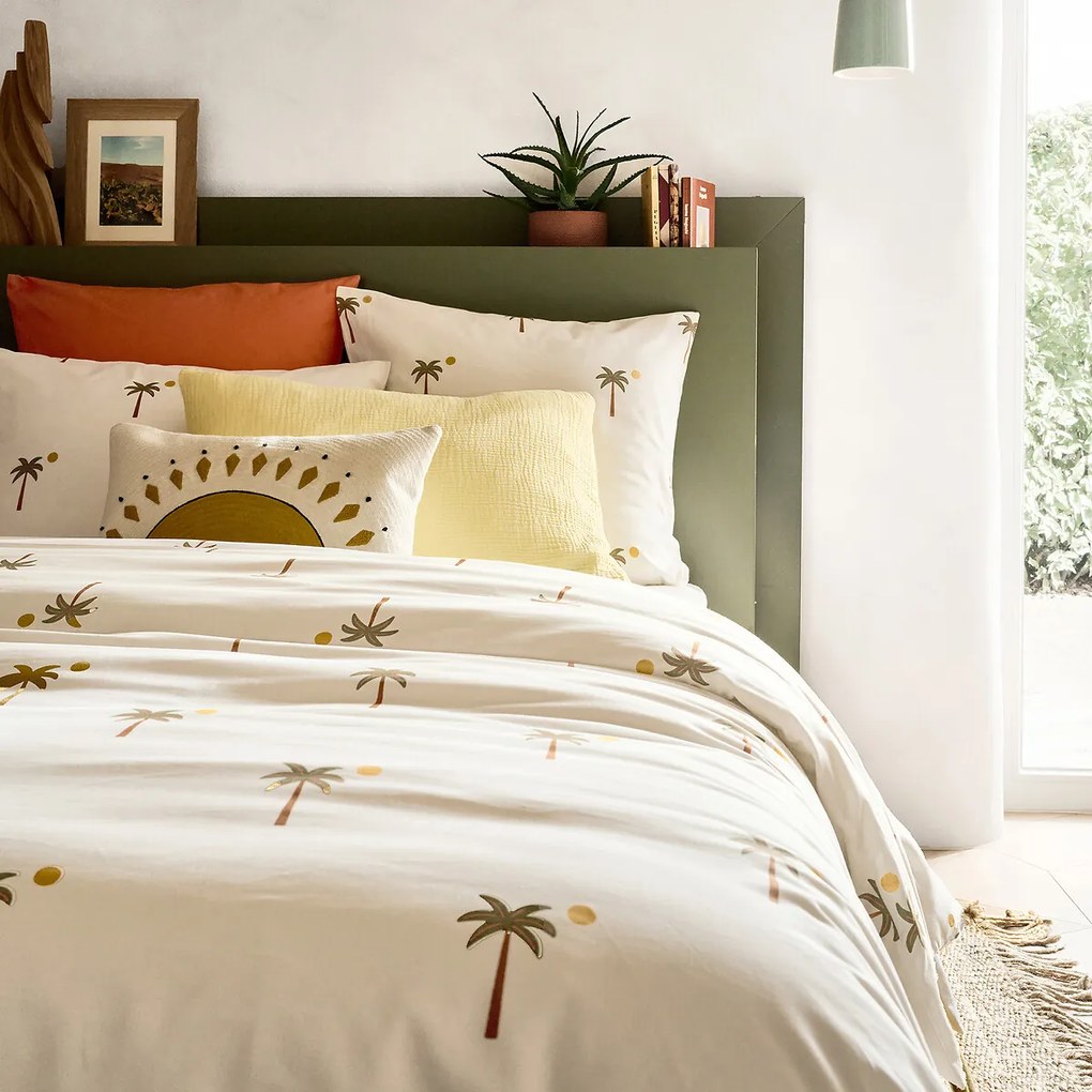 Bedset 30% gerecycled katoen, vierkant kussensloop, palmboomprint, PARADELA