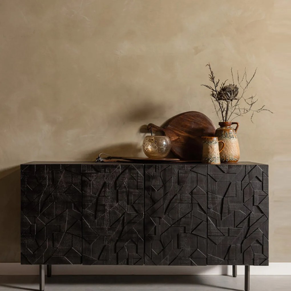 BePureHome Counter Zwart Dressoir Houtsnijwerk - 160x40x83cm.