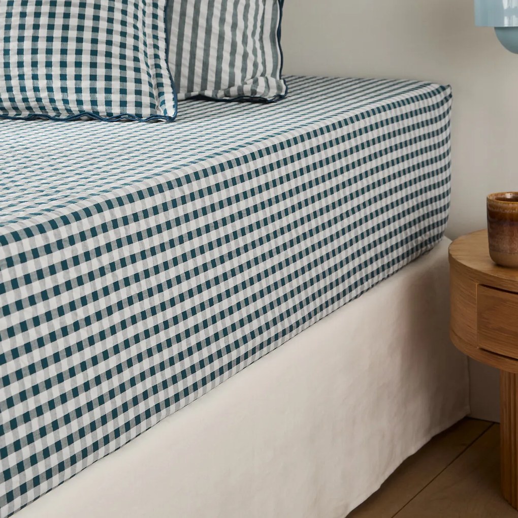 Hoeslaken katoen seersucker 30 cm, Cottage blauw