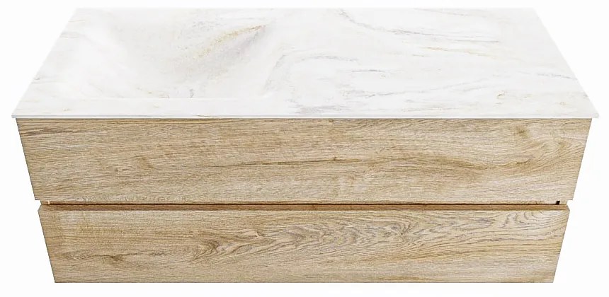 Mondiaz Vica DLux badmeubel 120cm washed oak 2 lades met wastafel ostra links zonder kraangat