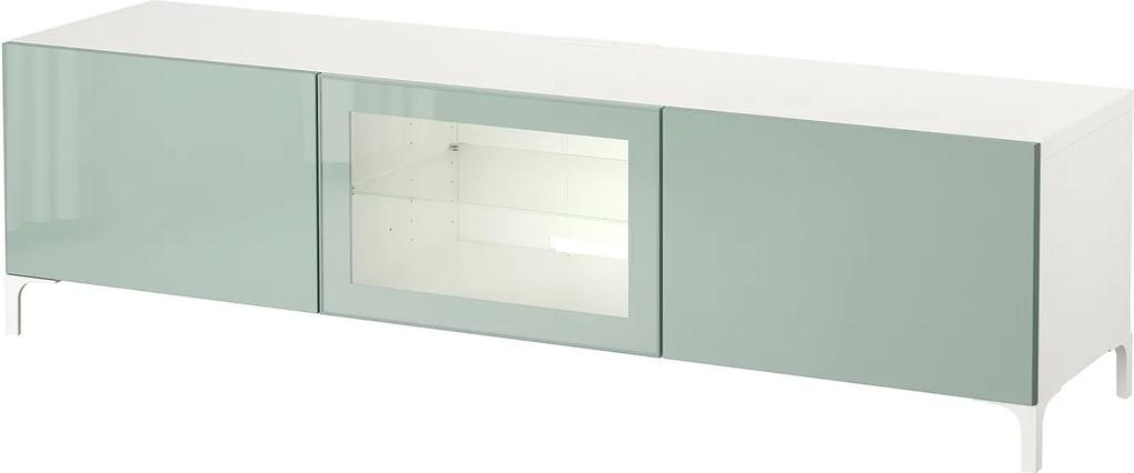 BESTÅ Tv-meubel met lades en deur wit /hoogglans/licht grijsgroen helder glas
