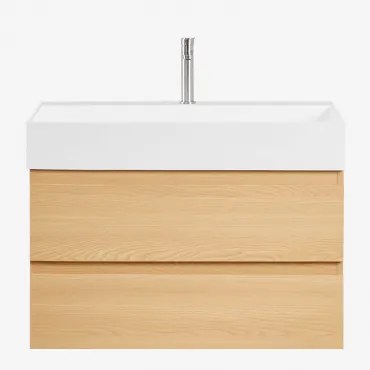 Ona Zwevend Badkamermeubelset Van Hout En Essenfineer Met Geïntegreerde Wastafel Natuurlijk Hout & Spiegelloze & Geborsteld Grijs - Sklum