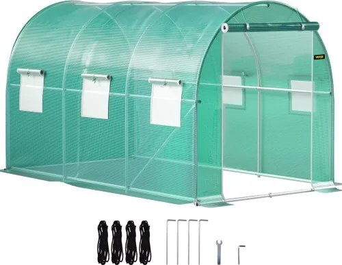 VEVOR Overspannen Dakkas, 3,45x1,95x1,92 m Foliekas, Gegalvaniseerd Stalen Frame en PE Dekzeil Kastunnel, Waterdicht UV-bestendig Tomatenkas, Inlooptunnelkas voor het Kweken van Groentenbloemen, Groen