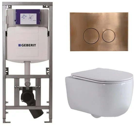 QeramiQ Dely Swirl Toiletset - 36.3x51.7cm - diepspoel - rimless - Geberit UP320 inbouwreservoir - met Burda frame - slim zitting - koperen bedieningsplaat - ronde knoppen - wit mat 0701131/SW706196/SW1000766/SW106257