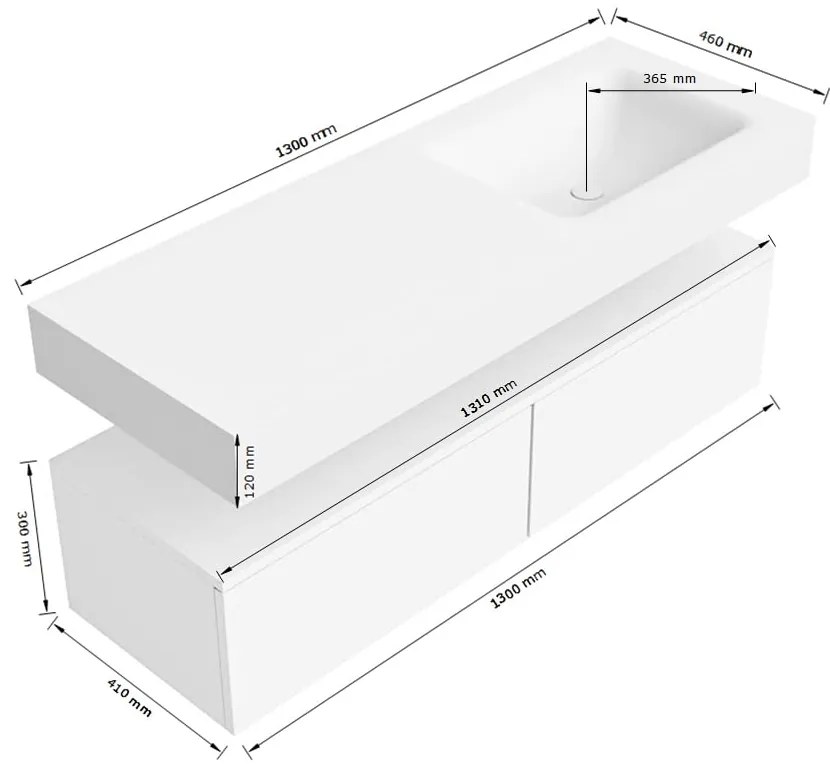 Zaro Alan badmeubel 130cm talc 2 lades met vrijhangende wastafel cloud rechts 1 kraangat talc
