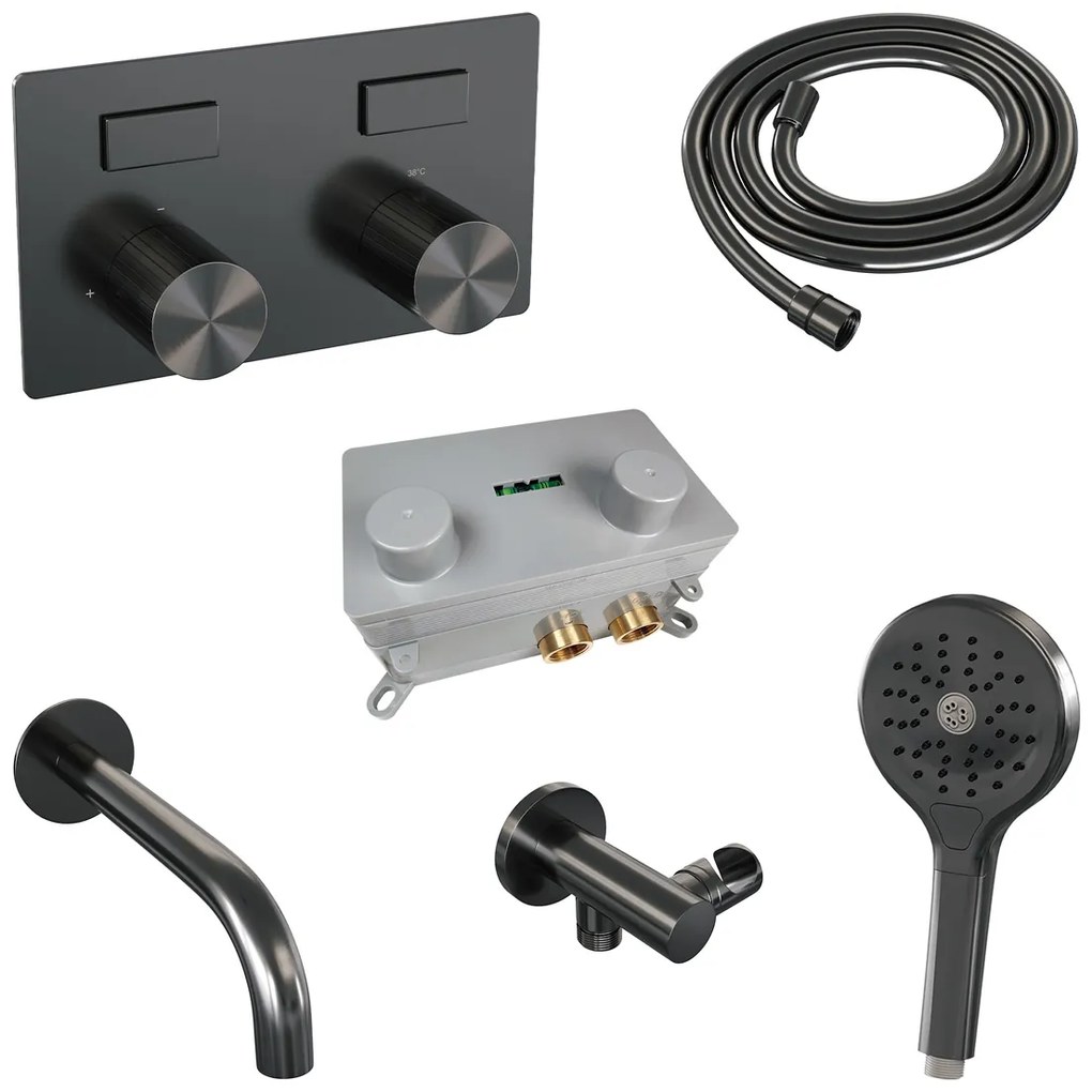 Brauer Stripe inbouw badkraan met drukknoppen en 3 standen handdouche gunmetal geborsteld PVD