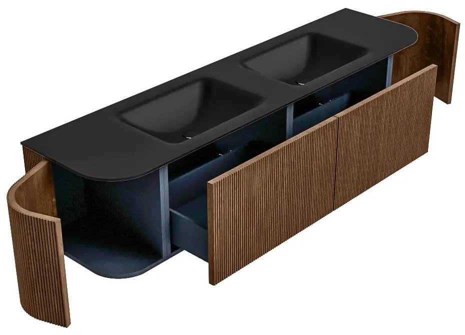 Mondiaz Kurve 180cm badmeubel ronding links/rechts walnut met 2 lades en deuren en wastafel cloud dubbel zonder kraangat urban