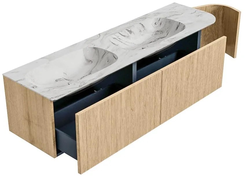 Mondiaz Kurve-dlux 165cm badmeubel ronding rechts oak met 2 lades en 1 deur en wastafel stor small dubbel/links zonder kraangat glace
