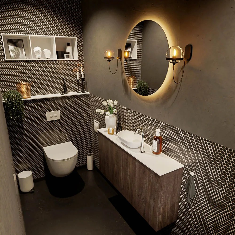 Mondiaz Fowy toiletmeubel 100cm dark brown met witte waskom midden en kraangat