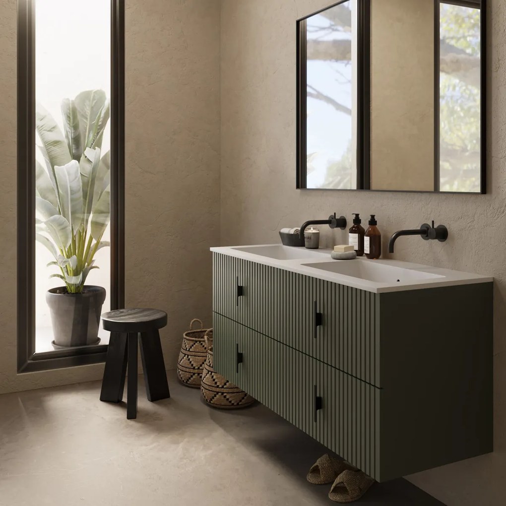 Muebles Avila badmeubel ribbelfront 120cm legergroen met dubbele wastafel zonder kraangaten