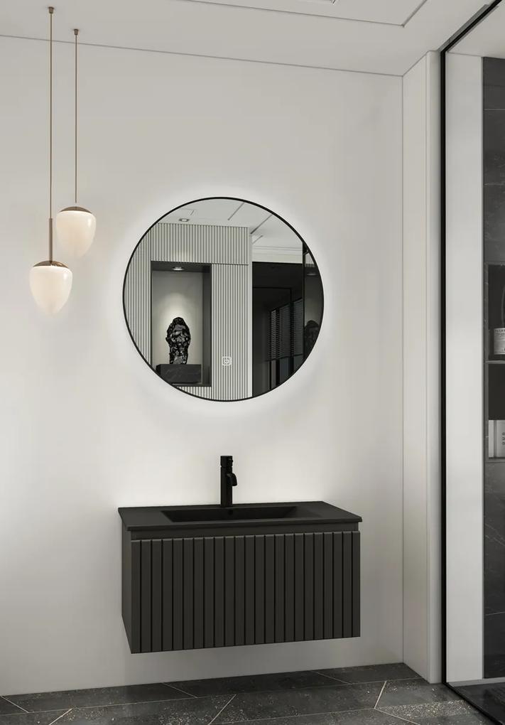 Fontana Lento zwart badmeubel ribbelfront 80cm met zwarte wastafel 1 kraangat en ronde spiegel