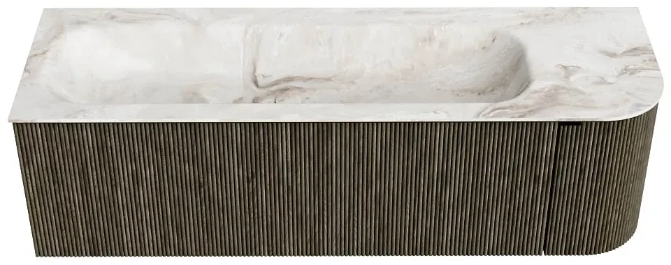 Mondiaz Kurve-dlux 145cm badmeubel ronding rechts shadow met 1 lade en deur en wastafel big large links zonder kraangat frappe
