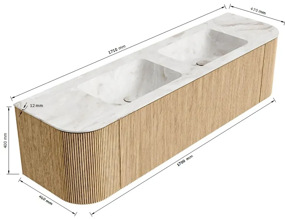 Mondiaz Kurve-dlux 170cm badmeubel ronding links/rechts oak met 1 lade en 2 deuren en wastafel leaf dubbel zonder kraangat opalo