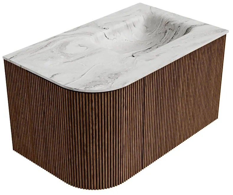 Mondiaz Kurve-dlux 75cm badmeubel ronding links walnut met 1 lade en deur en wastafel grunne kraangat rechts glace