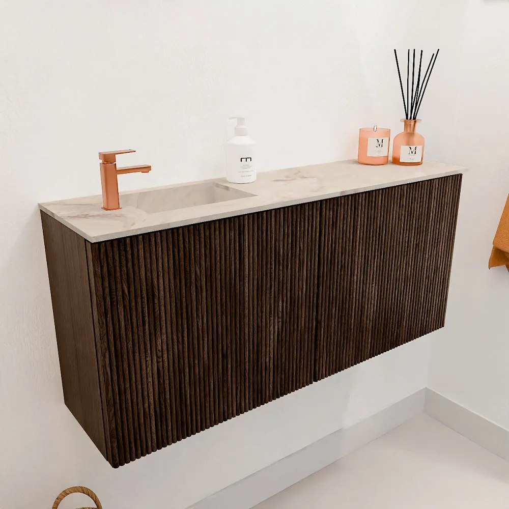 Mondiaz Joya DLux 90cm toiletmeubel walnut met wastafel faye links 1 kraangat frappe