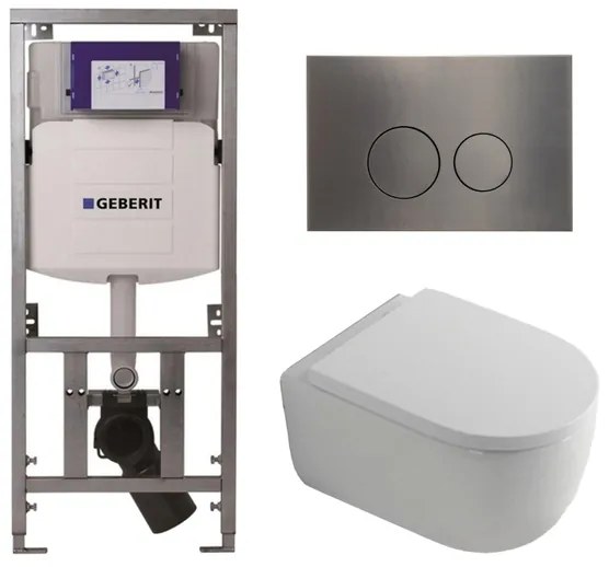 QeramiQ Dely Swirl Toiletset - 36.3x51.7cm - diepspoel - rimless - Geberit UP320 Burda inbouwreservoir - 35mm zitting - gunmetal bedieningsplaat - ronde knoppen - wit mat 0701131/SW706198/SW1000767/SW1026257