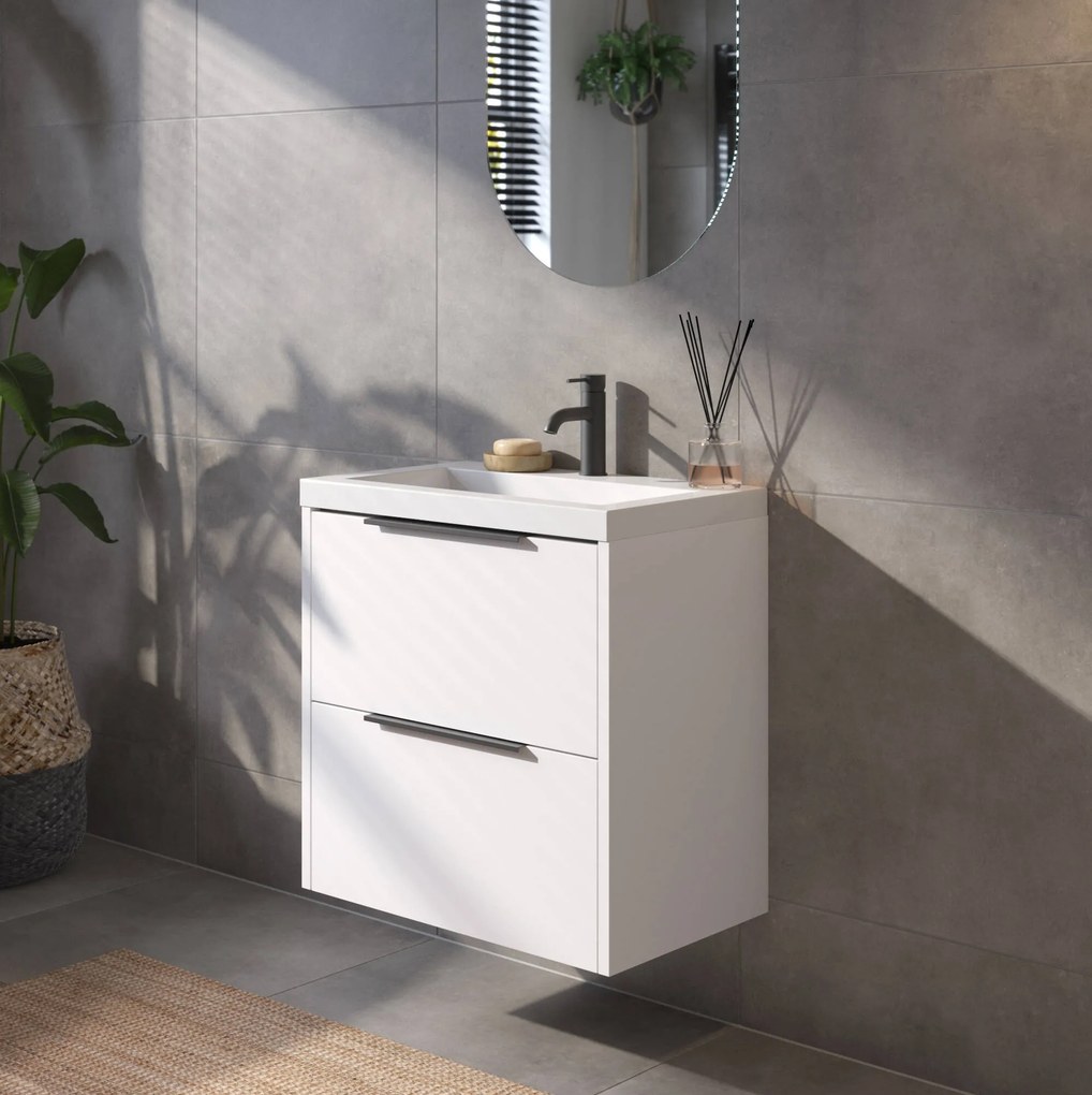 Saqu Lima ondiep badmeubel incl. glans witte wastafel 60x40x64cm glans wit – mat zwarte greep