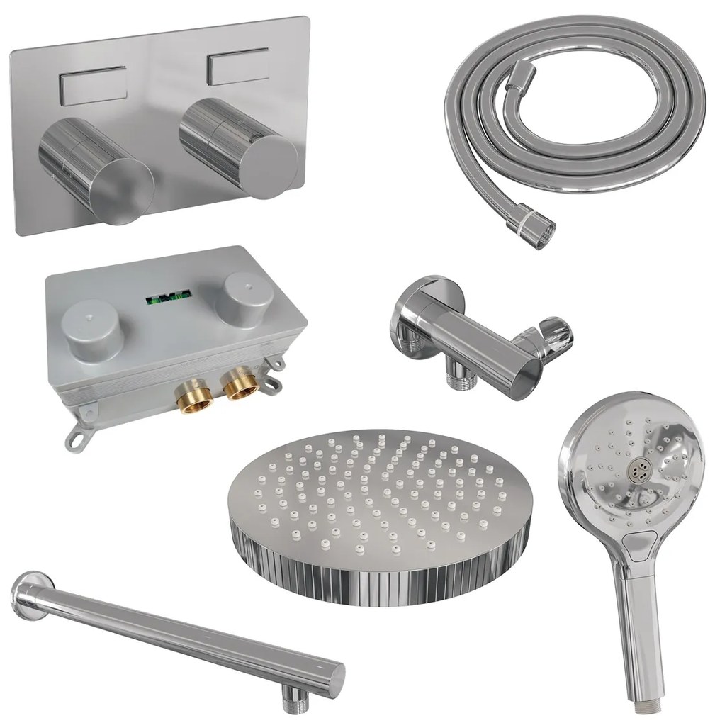 Brauer Stripe inbouw regendouche met 25cm hoofddouche, rechte muurarm en 3 standen handdouche set 28 chroom