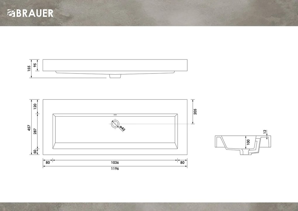 Brauer Solar Thick wastafel mineraalmarmer 120cm zonder kraangat wit glans