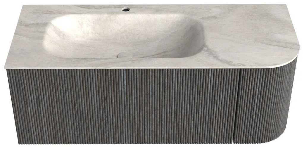 Mondiaz Kurve-dlux 115cm badmeubel ronding rechts shadow met 1 lade en deur en wastafel big small kraangat links ostra