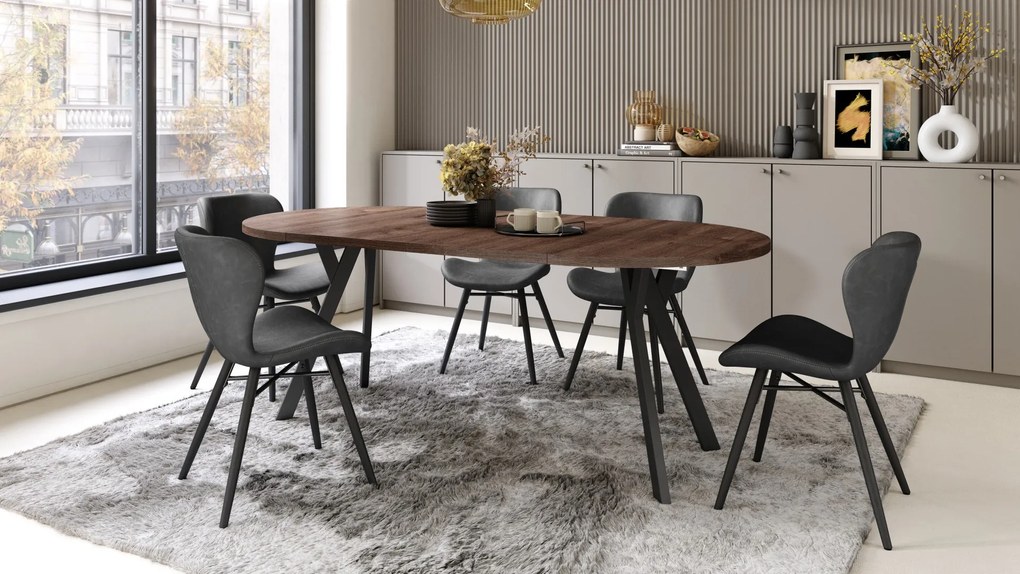ALMO 100 Eiken Bruin/Zwarte poten - RONDE LOFT/INDUSTRIËLE TAFEL VOOR WOONKAMER/EETKAMER, UITSCHUIFBAAR