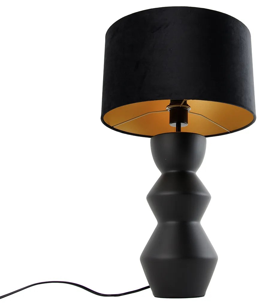 Design tafellamp zwart 16 cm velours kap zwart met goud 35 cm - Alisia Design E27 rond Binnenverlichting Lamp