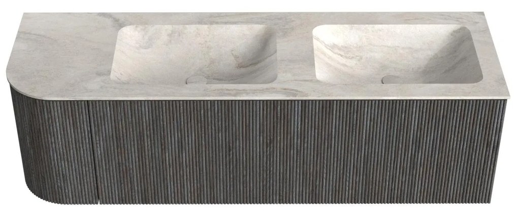Mondiaz Kurve-dlux 145cm badmeubel ronding links shadow met 1 lade en deur en wastafel leaf dubbel/rechts zonder kraangat ostra