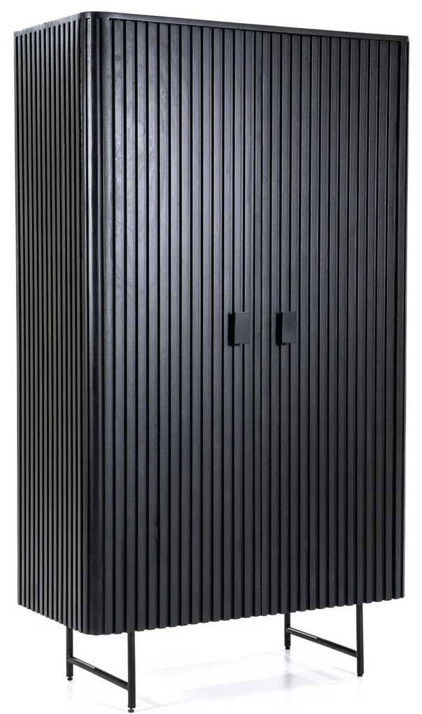 Eleonora Remi Zwarte Retro Kast Met Houten Latjes - 96x45x170cm.