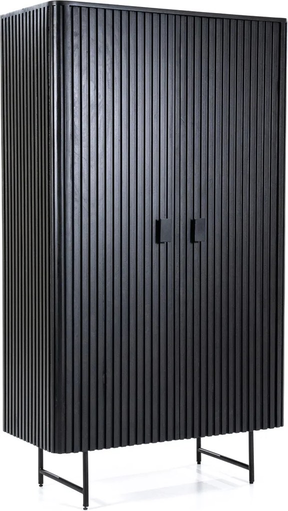 Zwarte Retro Kast Met Houten Latjes - 96x45x170cm.