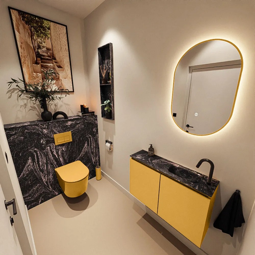 Mondiaz Ture DLux toiletmeubel 80cm ocher met wastafel lava rechts met kraangat