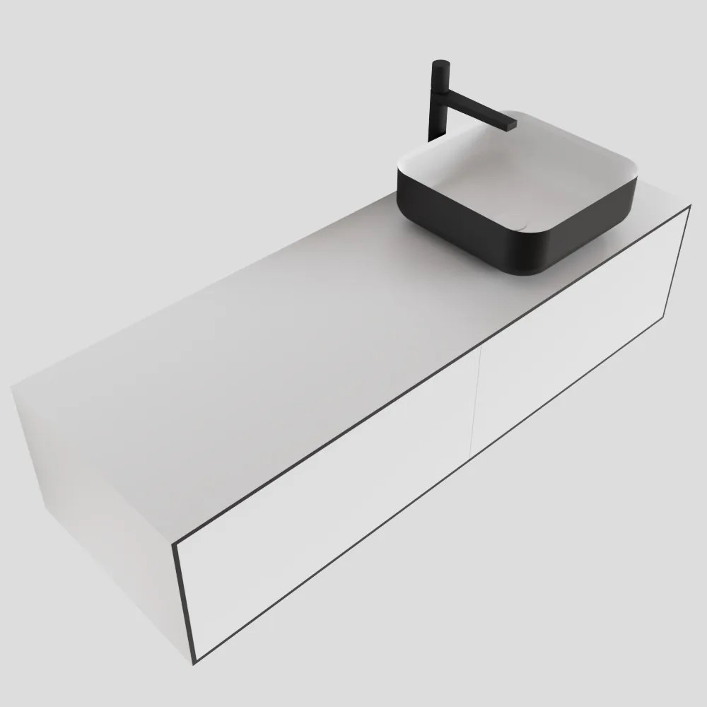 Zaro Lagom volledig naadloos solid surface onderkast met topblad 130cm mat zwart met 2 lades Push tot open. Compleet met solid surface opzetkom met 1 kraangat(en)