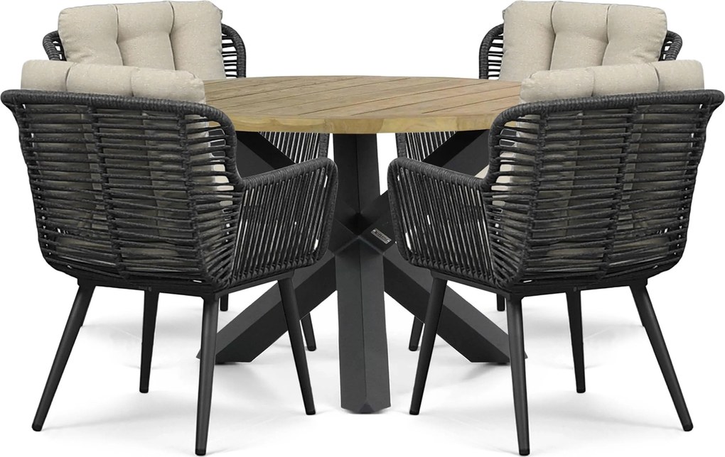 Tuinset Ronde Tuintafel 4 personen 120 cm Rope Grijs  Coco Custa/Rockville