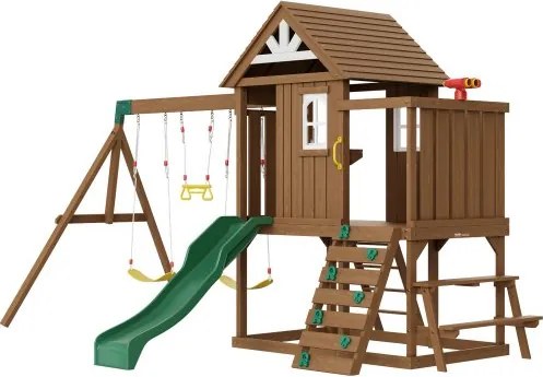 VEVOR Houten Schommelset, 9-in-1 Speeltuinsets voor Buitentuin, 2 Schommels, Trapezebar, Glijbaan van 1,8 m, Groot Bovenfort met Keukenspeelgoed, Platte Trapladder, Klimwand, Picknicktafel