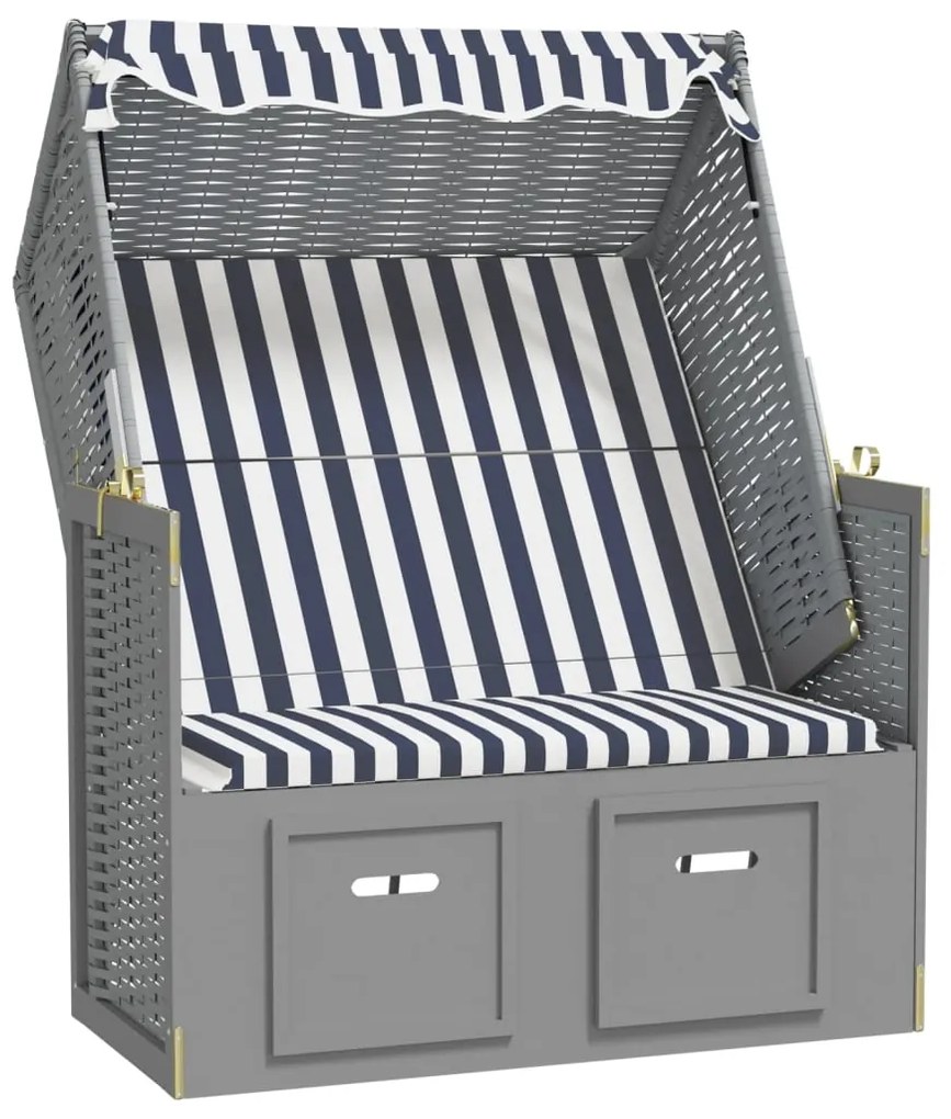 vidaXL Strandstoel met luifel poly rattan en massief hout blauw en wit