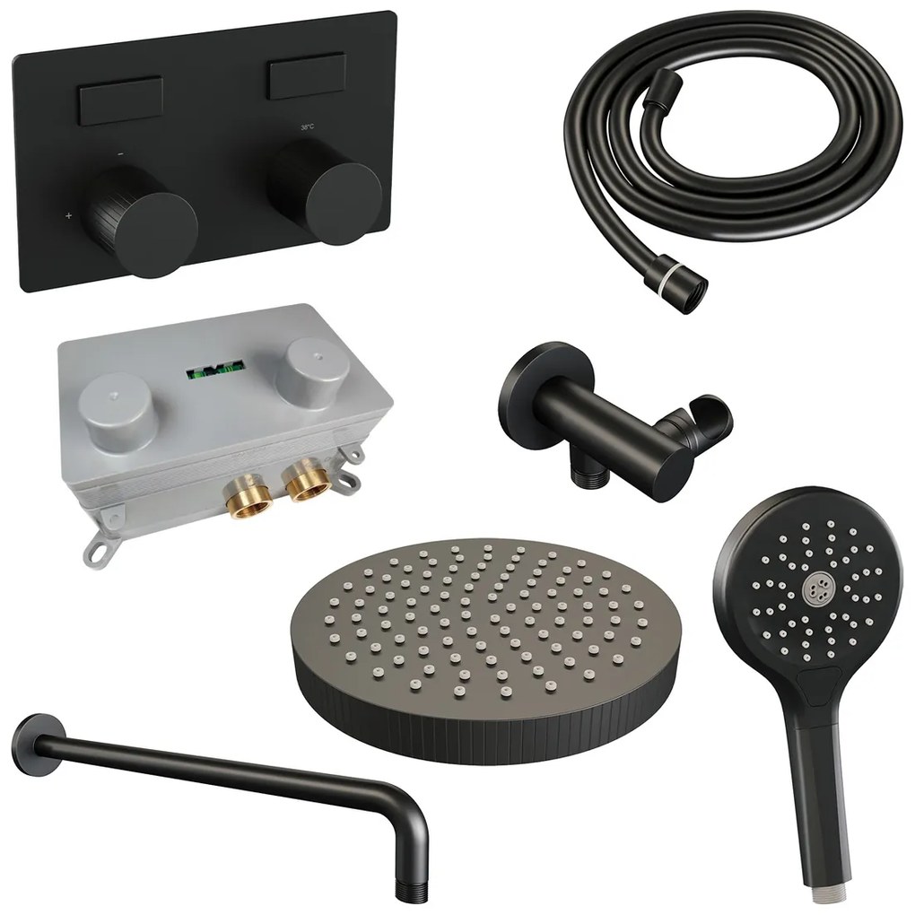 Brauer Stripe inbouw regendouche met 25cm hoofddouche, gebogen muurarm en 3 standen handdouche set 29 zwart mat