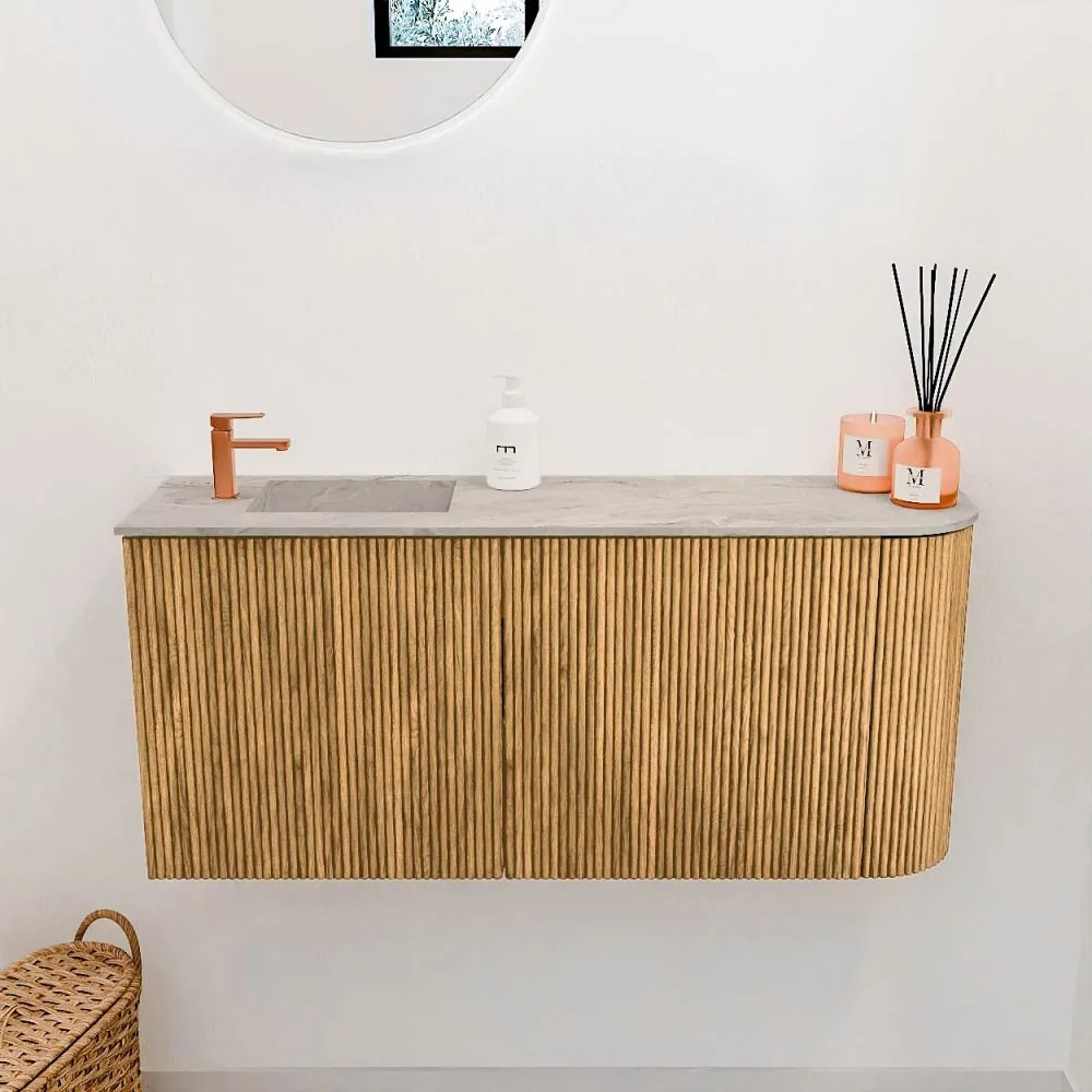 Mondiaz Joya DLux 90cm toiletmeubel ronding rechts oak met wastafel faye links 1 kraangat glace