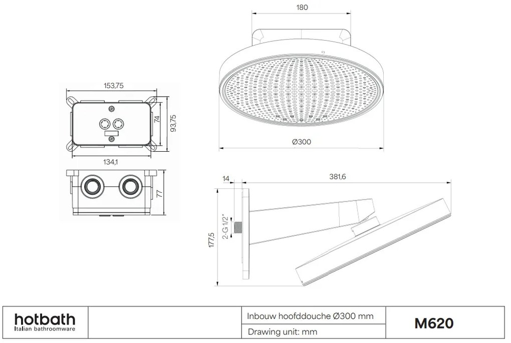 Hotbath Cobber M620 hoofddouche 30cm wit mat