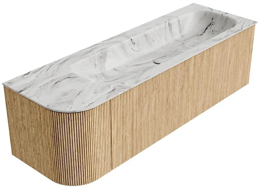 Mondiaz Kurve-dlux 145cm badmeubel ronding links oak met 1 lade en deur en wastafel big large kraangat rechts glace