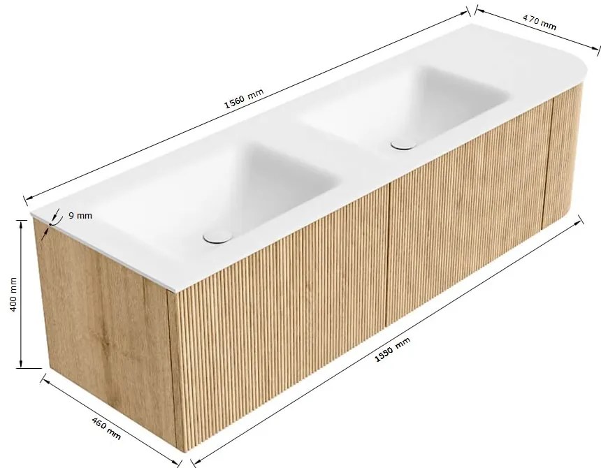 Mondiaz Kurve 155cm badmeubel ronding rechts oak met 2 lades en 1 deur en wastafel cloud dubbel/links zonder kraangat urban