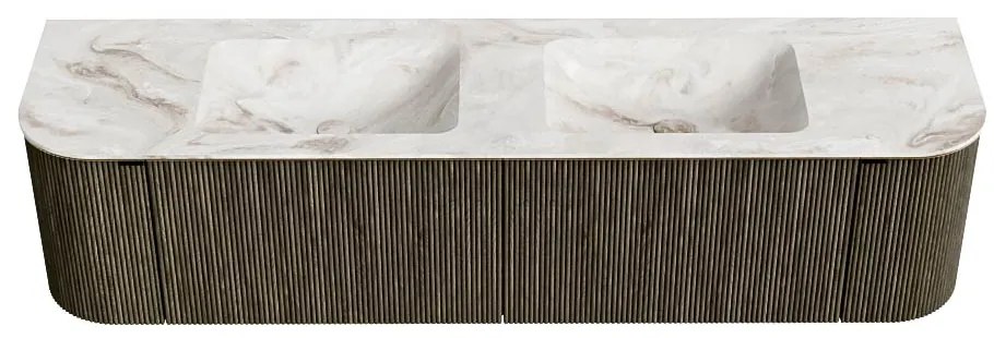 Mondiaz Kurve-dlux 180cm badmeubel ronding links/rechts shadow met 2 lades en deuren en wastafel leaf dubbel 2 kraangaten frappe