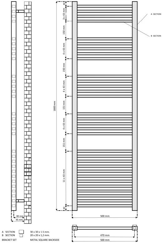 Eastbrook Tuscan Square multirail handdoekradiator 50x120cm 980W zwart mat