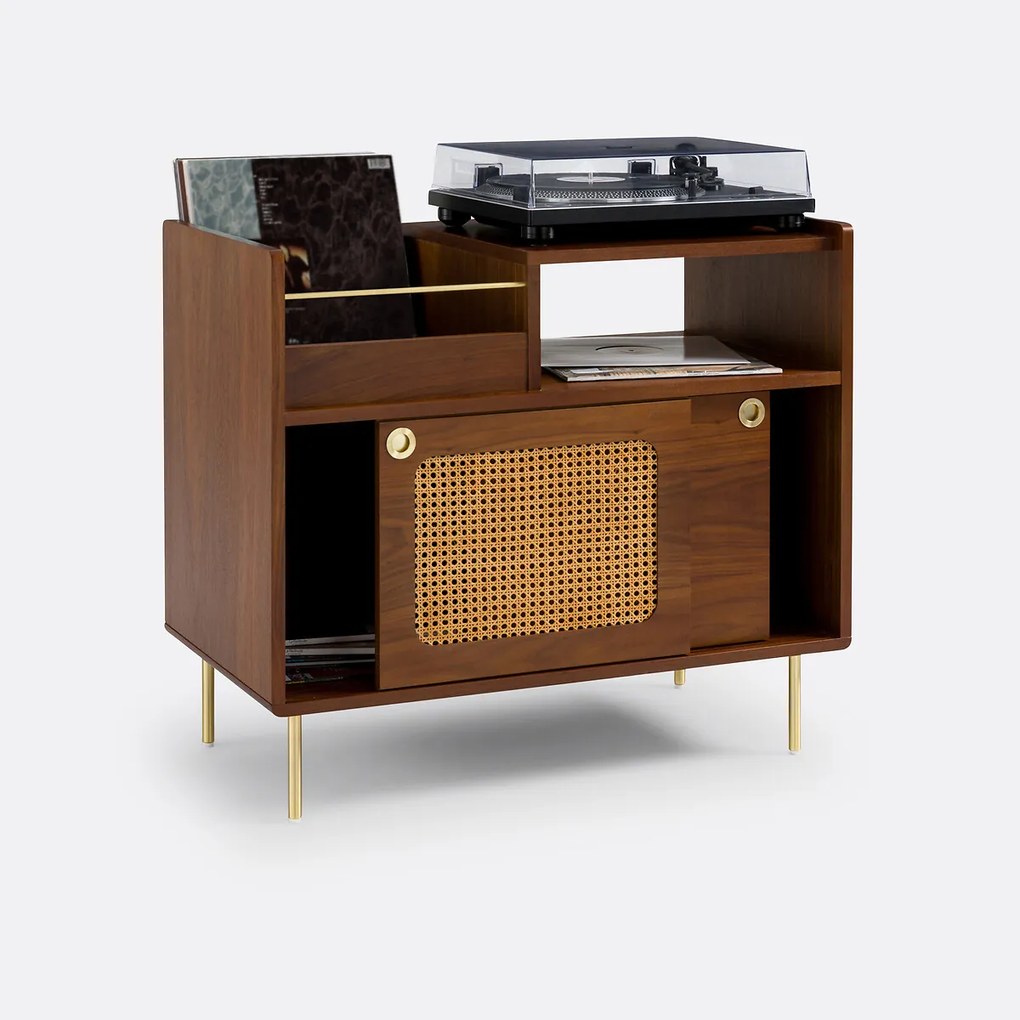 Vinyl meubel in notenhout en vlechtwerk, Redpop